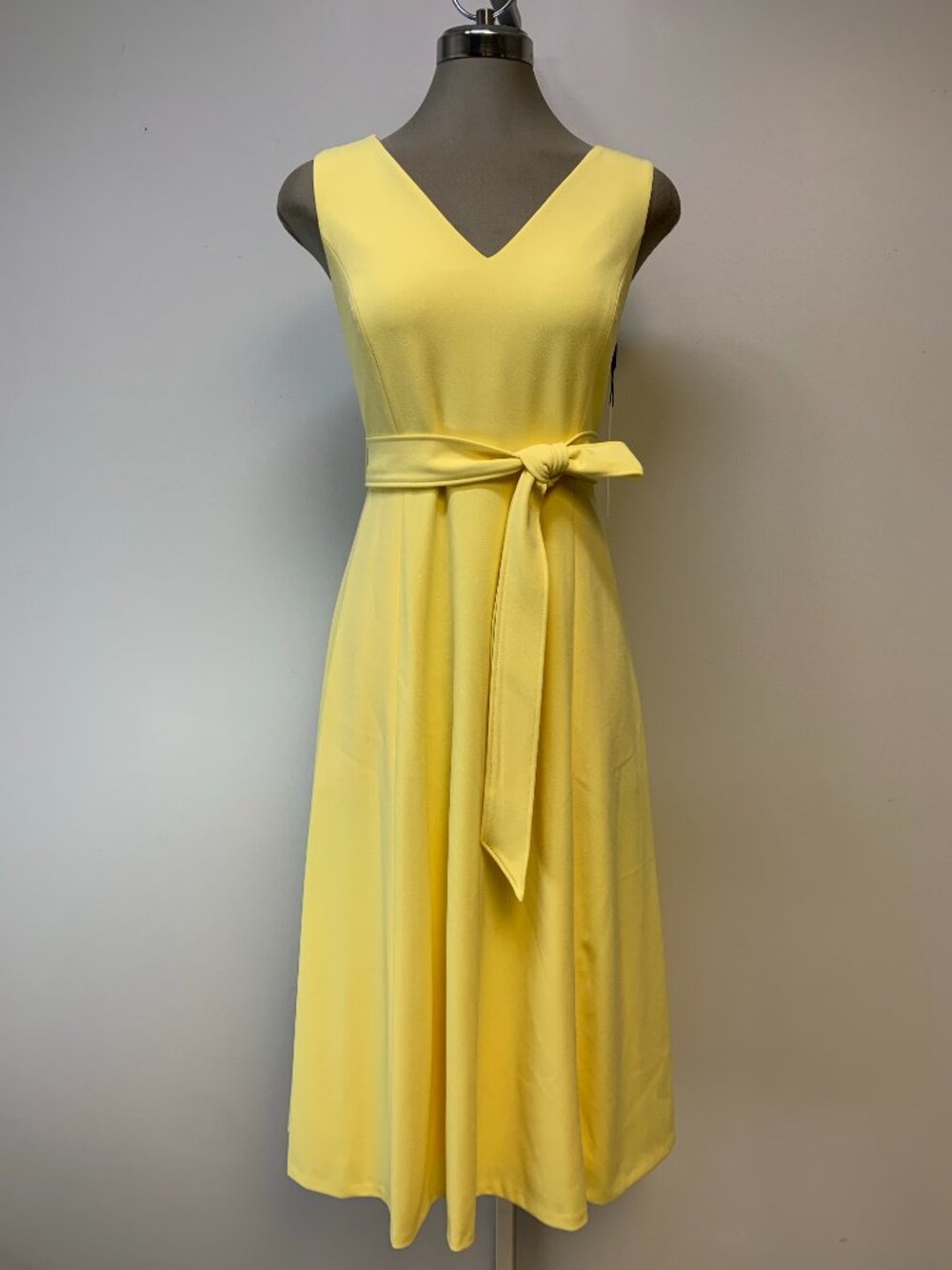 NEW Calvin Klein Yellow V-Neck Sleeveless Self Belted Fit & Flare Dress